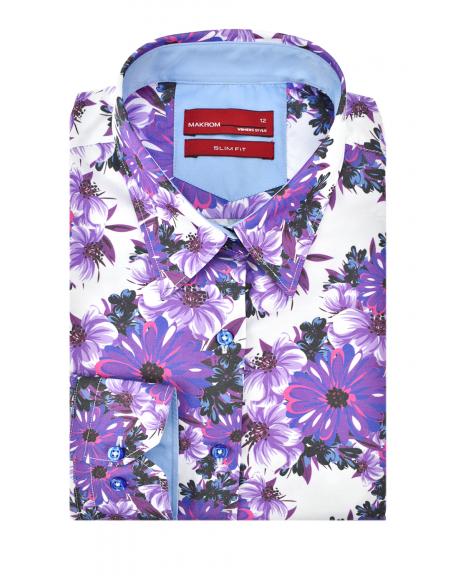LL 3258 Белая рубашка с фиолетовыми цветами