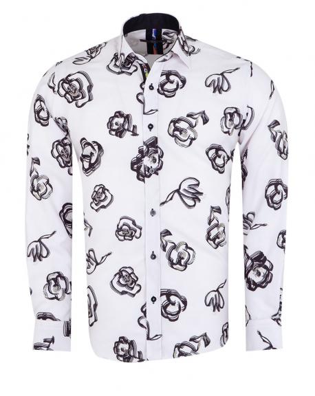 SL 7494 Белая рубашка с цветочным узором и черными вставками