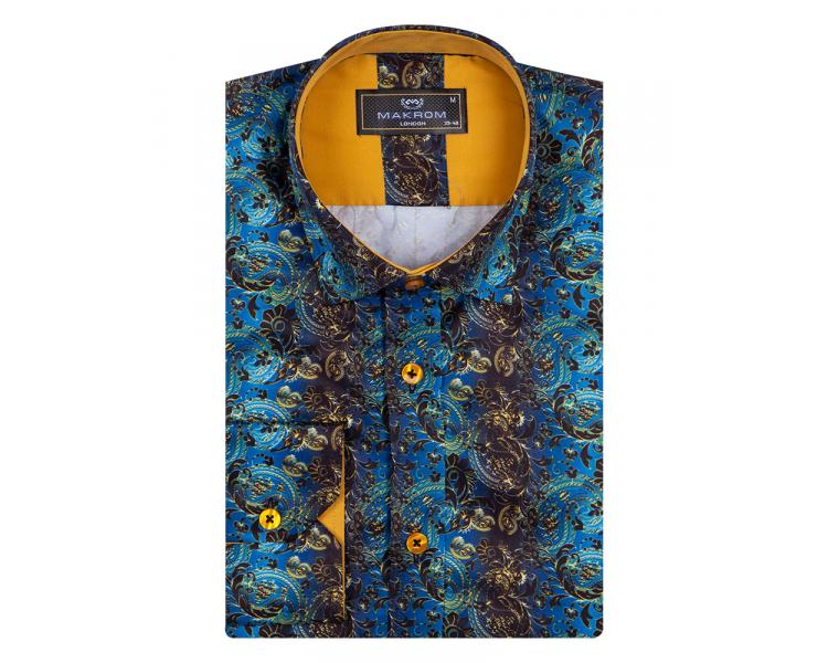 SL 6866 Синяя рубашка с узором пейсли и желтыми вставками Мужские рубашки