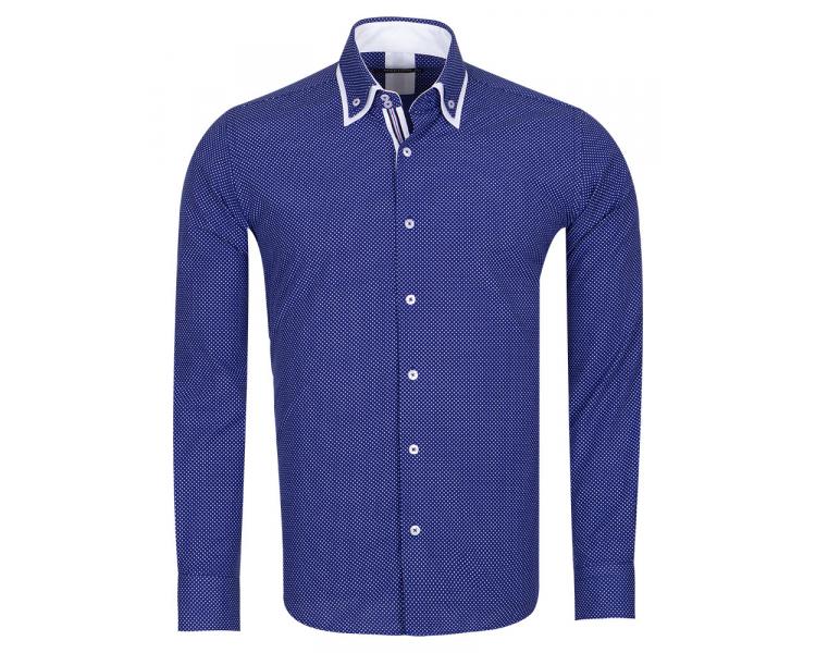 Синяя рубашка с двойным воротником и узором белый горошек SL 6676 Мужские рубашки