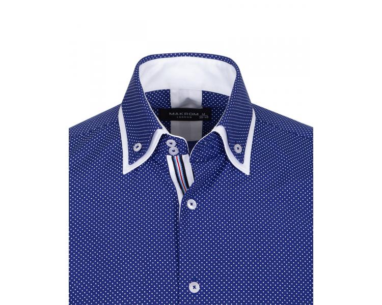 Синяя рубашка с двойным воротником и узором белый горошек SL 6676 Мужские рубашки